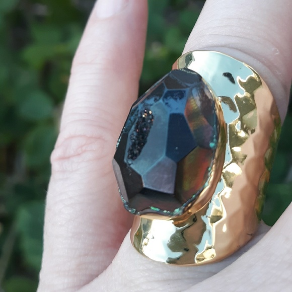 New Titanium Window Druzy Adjustable Gold Ring. - Picture 2 of 8